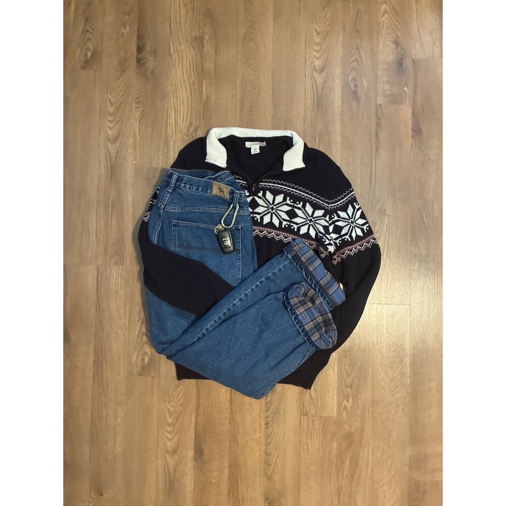 Aspen Large Navy Blue Quarter Zip Fair Isle Snowflake Knit Sweater Mens Large